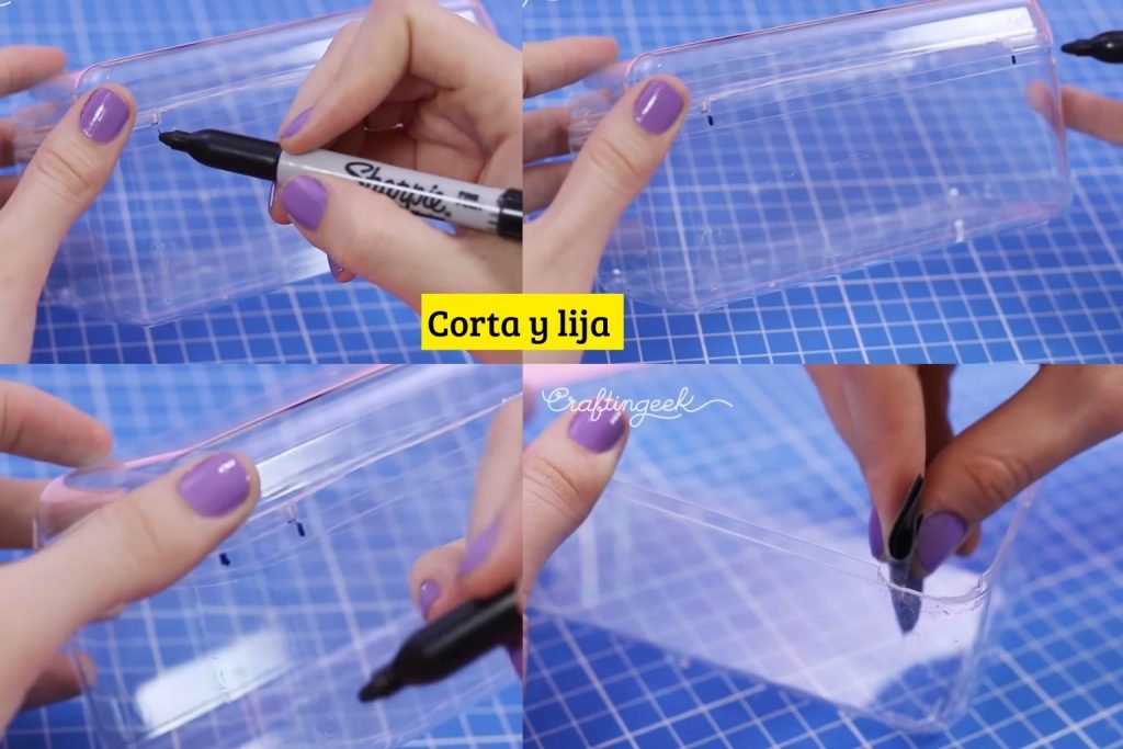 Corta las esquinas de un lado de la cajita de plástico a la altura de los cortes de la tapa para encajar bisagra.