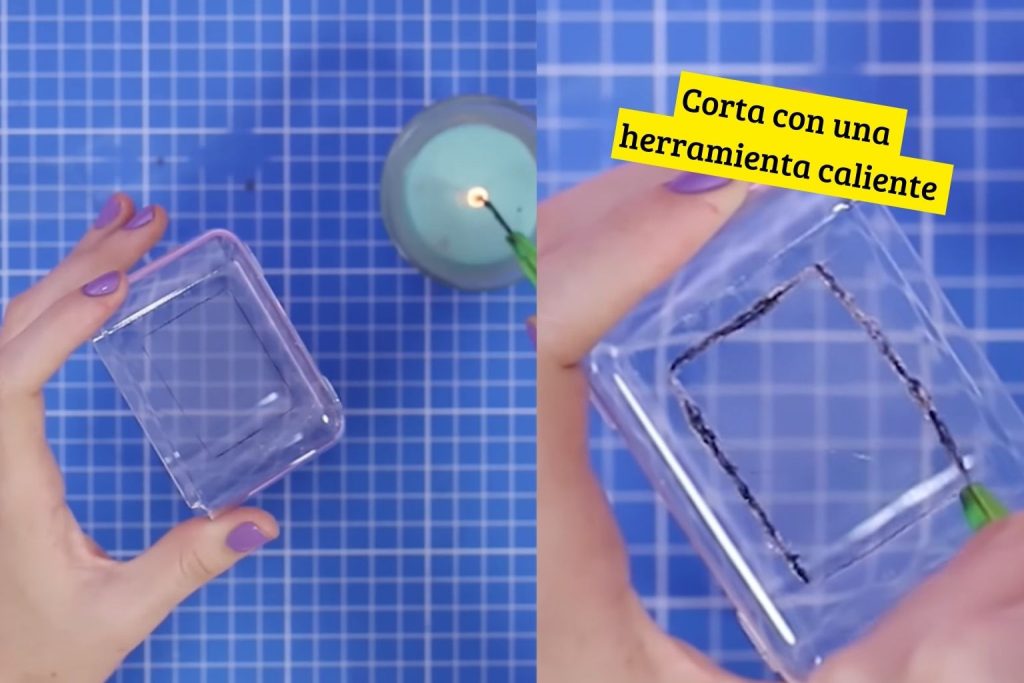 Calienta el cutter con una vela para cortar parte de arriba del mini refri.