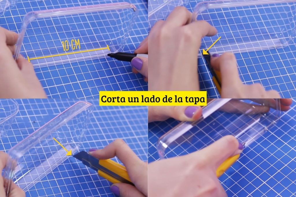 Cortar borde de un lateral de la cajita de plástico para hacer bisagra de mini refri.