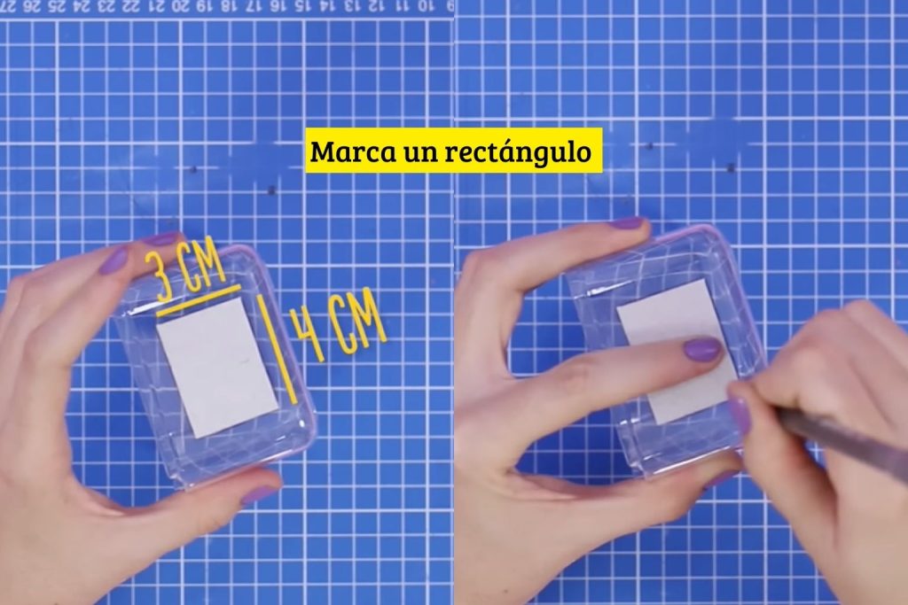 Marcar un rectángulo para recortar en la parte de arriba del mini refri organizador de escritorio.